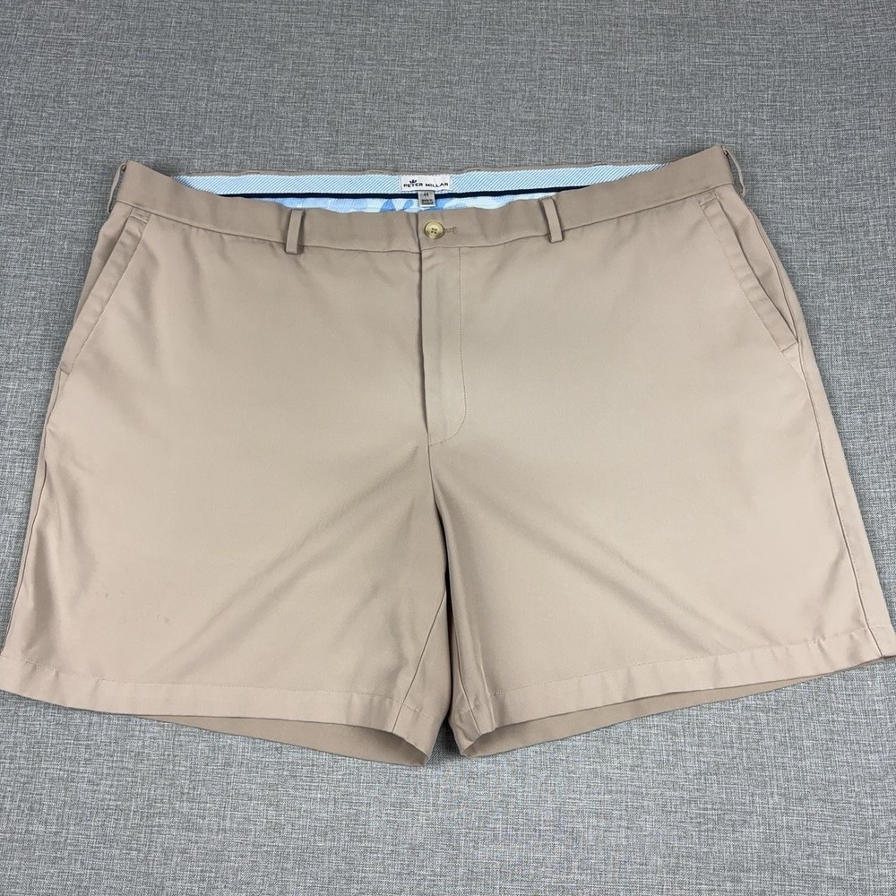 Peter Millar Shorts Mens 44 Beige Microfiber Chino Flat Front 9 Inseam Casual